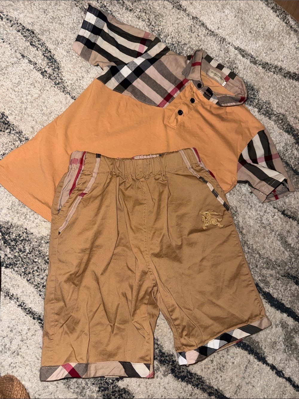 Burberry Children's Tan Polo Shirt & Khaki Shorts Set - Designer Plaid Trim